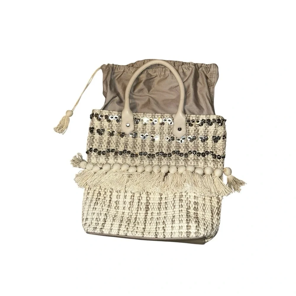 Sam Edelman Tori Tote Ivory Sequin Bag Beachy Boho Woven Drawstring Closure - Picture 3 of 11
